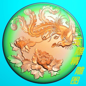 圆牌凤凰牡丹 花开富贵精雕图jdp浮雕玉雕灰度图电脑雕刻