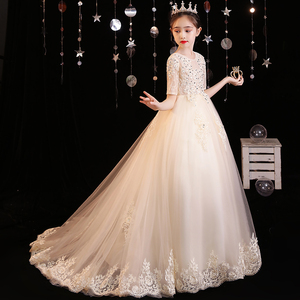 儿童礼服公主裙洋气高端模特走秀香槟色拖尾女童生日晚礼服主持人