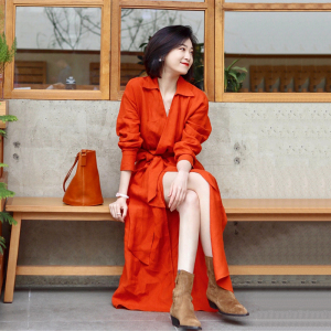 法式桔梗气质棉麻衬衫气质泰氏红色连衣裙女夏季长裙泰国旅游穿搭