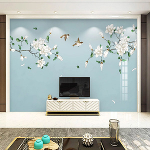 3d手绘工笔花鸟电视背景墙壁纸新中式白玉兰卧室客厅装饰壁画大气