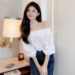 雪纺小衫女夏天设计感小众一字肩上衣服时尚洋气甜美宽松半袖t恤