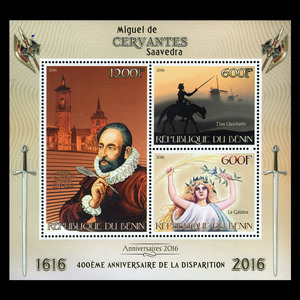 贝宁2016剧作家西班牙塞万提斯萨维德拉《唐吉诃德》邮票ms全新