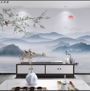 新中式山水画轻奢墙壁纸大气客厅电视背景墙无缝墙布连绵山峰墙纸