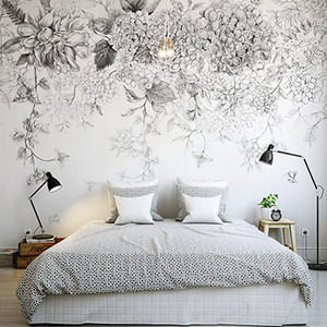 北欧手绘黑白素描花卉壁纸简约现代客厅卧室电视背景墙纸素色壁画
