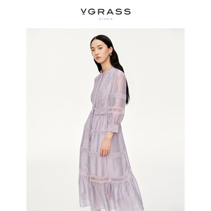 [天丝莱赛尔]VGRASS镂空蕾丝拼接浪漫连衣裙24年春季新款柔光紫色