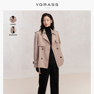 VGRASS晨蔼粉色双排扣短外套春季新款设计感立体剪裁英伦风衣女