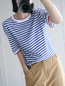 蓝白条纹短袖t恤女春夏季薄款洋气减龄海魂衫内搭针织半袖上衣