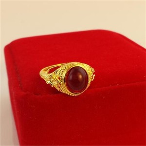 经典金镶玉戒指镀24k厚金戒指女泰国锡金红宝石沙金