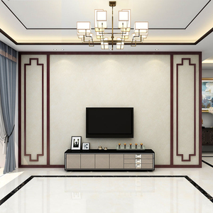 新中式电视背景墙布壁纸壁画实木定制花格线条边框造型护墙板装饰