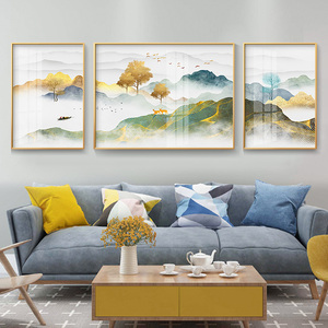 新中式客厅沙发背景墙画现代抽象装饰画三联组合风景壁画大气挂画