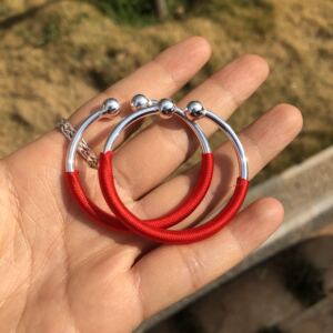 云南大理雪花银纯银足银999圆棍实心圆头接口绑红绳宝宝手镯活口