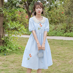 夏季新款裙子仙女超仙森系小个子显瘦复古法式郁金香连衣裙女学生