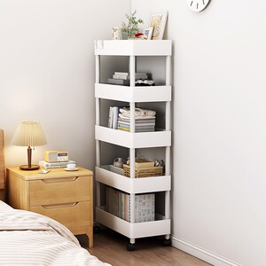 床头书架放东西的置物架靠墙可移动带轮子多层阅读架收纳箱小推车