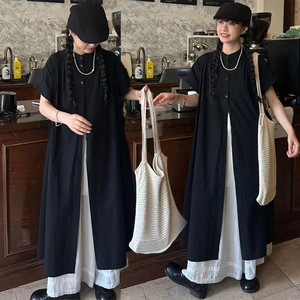 日系山本风黑色连衣裙女2024夏季新款设计感小众衬衫裙中长款裙子