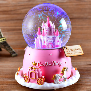 新品水晶球音乐盒小公主女生儿童礼物摆件自定义刻字tt粉红色梦幻