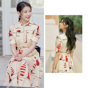 代购duoltd李知恩iu同款连衣裙女2023新款夏印花修身法式大摆裙子