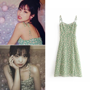 代购duoltd2022夏新款金智妮jennie同款绿色碎花吊带中长款连衣裙