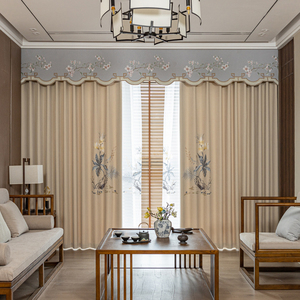 中式窗帘客厅新中式无缝拼接复古绣花布中国风高端茶室新款雪尼尔
