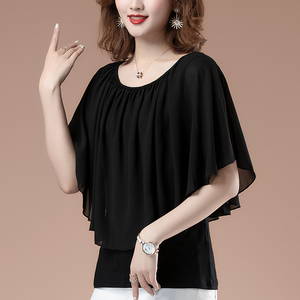 雪纺衫女短袖2024夏季新款韩版宽松洋气黑色时尚网纱半袖显瘦上衣