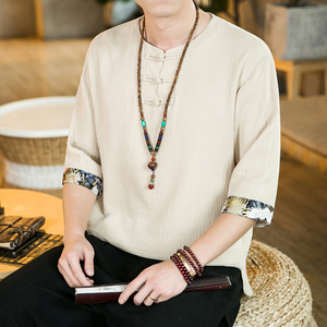 中国风棉麻半袖t恤男士盘扣衫衣中式唐装内搭五分袖居家中袖上衣