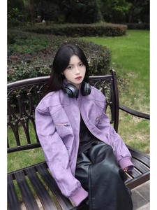 美式复古麂皮夹克女秋冬紫色飞行机车外套情侣装PU皮棒球棉服加厚
