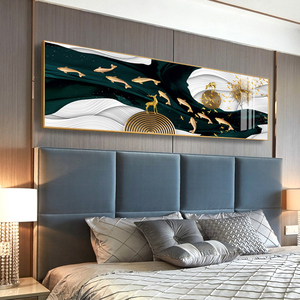 新中式卧室床头装饰画挂画横版九鱼图招财客厅轻奢壁画镶钻老人房