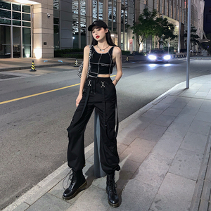 n种穿法的高腰显瘦束脚裤背带工装裤女潮帅气皆空