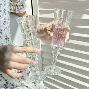 法式ins风高脚香槟杯高颜值浮雕甜果酒杯家用女复古玻璃喝水杯子