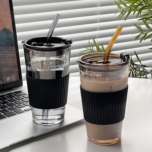 吸管玻璃杯带盖外带随行便携办公室水杯高颜值双饮口咖啡饮料杯子