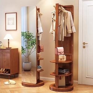 实木穿衣镜挂衣架卧室可移动旋转试衣镜衣帽架一体简约收纳置物架