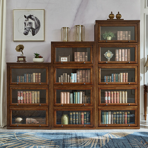 美式防尘书柜家用书柜置物柜带玻璃门落地实木书架一体整墙置物柜