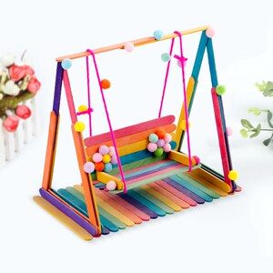 彩色秋千儿童幼儿园手工制作材料包雪糕棒冰棒棍diy房子创意木片
