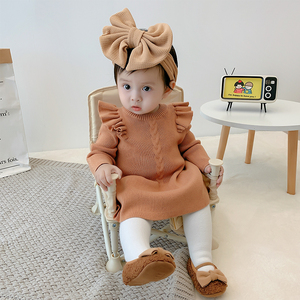 婴儿可爱公主洋气连衣裙0一1周岁女宝宝外出衣服秋冬套装毛衣裙子