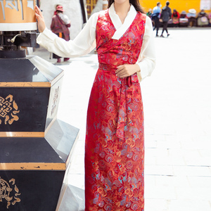 大红色博拉长裙藏族服装女藏式无袖连衣裙西藏名族风改良版藏服女
