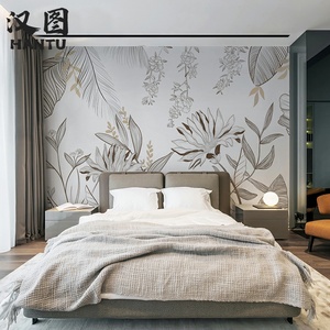 美式简约卧室床头背景墙壁纸北欧手绘花卉植物墙布民宿风素色墙纸