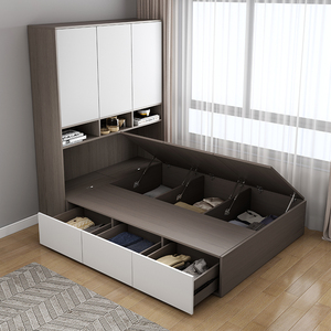 北欧简约榻榻米衣柜一体组合现代小户型卧室省空间多功能储物床