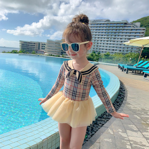 儿童泳衣女连体纱裙式中小童女孩海军领宝宝泳装女童格子游泳衣夏
