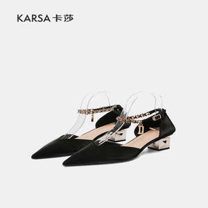 KARSA 2023春夏季新款韩版黑色绸缎高跟鞋粗跟包头方根单鞋女尖头