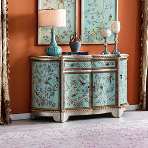 美式彩绘玄关柜欧式奢华餐边柜纯手绘花鸟储物柜法式半圆形装饰柜