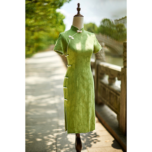 改良旗袍2024年新款夏季年轻款少女气质高端连衣裙绿色棉麻小个子