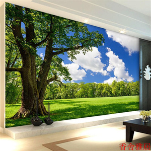 装饰田园风景大树壁画客厅沙发电视背景墙壁纸3D蓝天草地无缝贴画