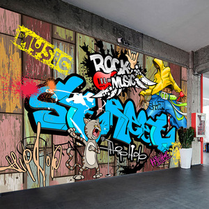 3d摇滚音乐酒吧墙纸嘻哈涂鸦壁纸架子鼓街舞舞蹈室背景墙壁画墙布