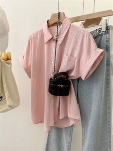 粉色短袖衬衫女装2024夏季新款薄衬衣职业通勤显瘦小包袖雪纺上衣