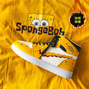 海绵宝宝空军一号潮鞋动漫联名aj男鞋秋冬季加绒潮流百搭高帮棉鞋
