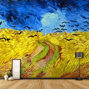 个性抽象梵高麦田油画壁纸客厅沙发创意艺术主题壁画电视背景墙布