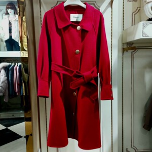2021朵以新款收腰单排扣娃娃领中长款红色双面羊绒大衣36dd735033