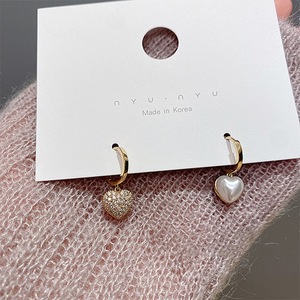S925纯银韩国精致满钻珍珠双面桃心耳环时尚不对称耳钉简约百搭网
