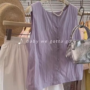四季青批发广州十三行高端女装上衣法式香芋紫色无袖背心T恤夏季
