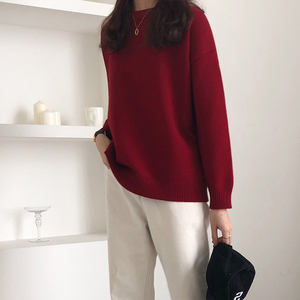 秋冬新款洋气车厘子酒红色新年毛衣女宽松复古港风内搭针织打底衫