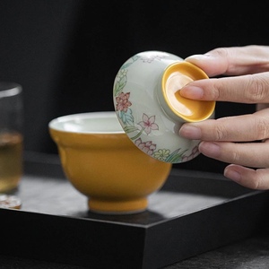 念苒｜釉上彩盖碗茶杯手绘夏荷轻奢高档单个防烫茶碗功夫泡茶茶具